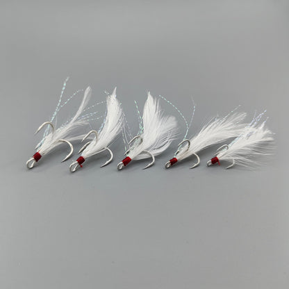 3x Strong White Feather Matte Tin Treble Hooks